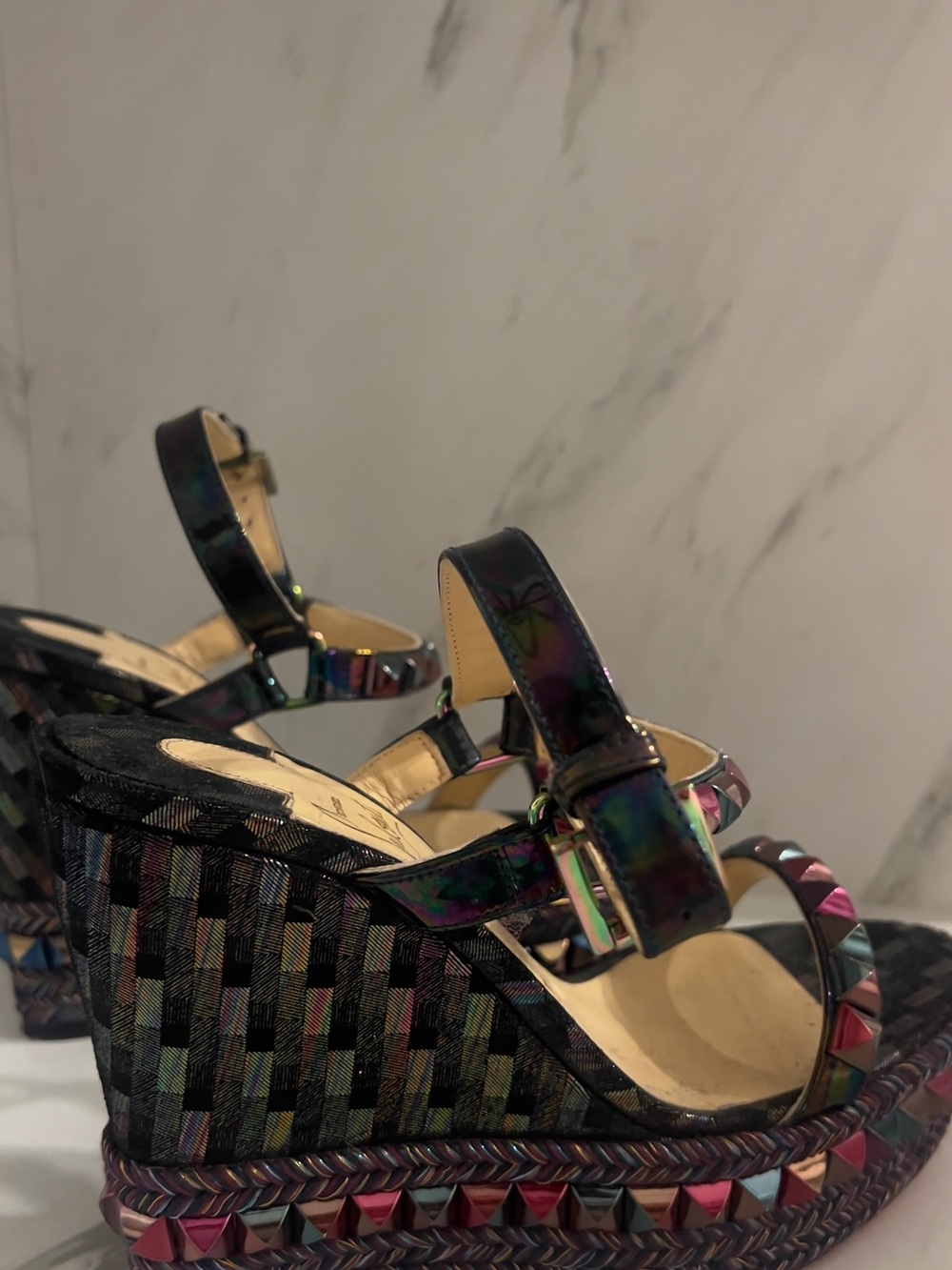 Christian Louboutin Iridescent Black Multicolor Studded Wedges